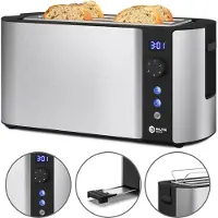 Balter Toaster 4 Scheiben, Edelstahl, Langschlitztoaster mit Brötchenaufsatz, 1500W, LCD Display, Defrost-/Aufwärmfunktion, Krümelschublade, Silber