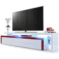 Vladon TV Board Lowboard Leon V3, Germany, Korpus und Überbau in Weiß Hochglanz / Front in Weiß Hochglanz mit Rahmen in Bordeaux Hochglanz inkl. LED Beleuchtung (227 x 52 x 35 cm)