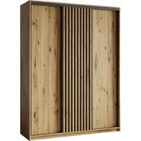 Masseno Schiebetürenschrank VONTE 150/205/60 cm Kleiderschrank mit Lamellen und Schubladen Schlafzimmer Schrank 3-türig Eiche Artisan + Schwarz