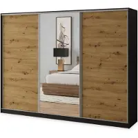 Masseno Schiebetürenschrank SORE 235/205/58 cm Kleiderschrank mit 4 Schubladen Schlafzimmer Schrank 3-türig mit Spiegel Schwarz / Eiche Artisan