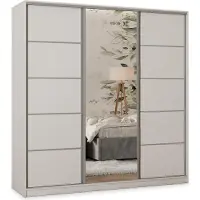 Masseno Schiebetürenschrank PINA 180/205/58 cm Kleiderschrank mit 4 Schubladen Schlafzimmer Schrank 3-türig mit Spiegel Weiß