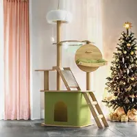 Markenlos Katzenbaum, 150 cm, Katzenturm, Katzenhaus, transparente Raumkapsel, Plüsch-Sprungplattform, Spielzeugball, grünes Baumwoll-Pad, Katzenbaum für große Katzen
