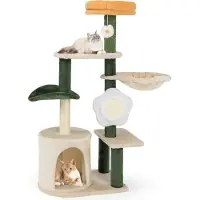 Goplus Kratzbaum, 114 cm Katzenbaum mit mehrstockige Plattform, moderner Katzenkratzbaum im Blumendesign mit Katzenbett, Grün + Beige