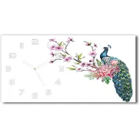 Tulup Wanduhr aus Glas – 60x30 cm - Glasbild - Glasuhr - Gehärtetes Glas - weisse-zeiger - Pfau und Blumen