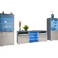 Vladon Wohnwand Granada, Anbauwand bestehend aus 2 Vitrinen und 1 TV-Board, Anthrazit matt/Sandgrau Hochglanz inkl. LED-Beleuchtung (286 x 122,5 x 35 cm)