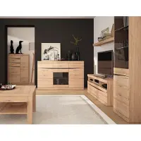 Lomadox Wohnzimmer Set mit Wohnwand und Couchtisch 75x75 cm SANFORD-129 in Eiche hell Nb.