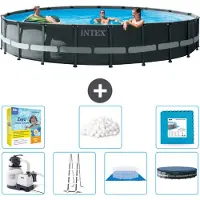 Intex Round Ultra XTR Frame Swimming Pool – 610 x 122 cm – inklusive Pumpe – Leiter – Bodenplane – Abdeckung Wartungspaket - Filterbälle - Bodenfliesen