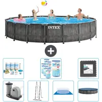 Intex Round Prism Frame Greywood-Schwimmbecken – 549 x 122 cm – inklusive Pumpe – Leiter – Bodenplane – Abdeckung Wartungspaket - Filter - Bodenfliesen