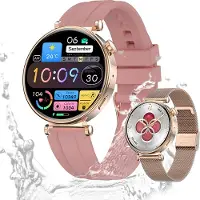 Valdus Damen Smartwatch 1,32 Zoll AMOLED Fitness-Tracker mit Telefonfunktion, IP68 wasserdicht, Herzfrequenzsensor, SpO2 & Schrittzähler – Rosa/Beige