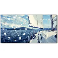 Tulup Wanduhr aus Glas – 60x30 cm - Glasbild - Glasuhr - Gehärtetes Glas - weisse-zeiger - Yacht auf dem Hintergrund des Meeres