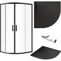 Badland SET Duschkabine + Duschwanne 80x80 193 cm - Halbrund Transparent Gehärtet Nano Glas 6 mm Schwarz Steinoptik SMC inkl. Siphon | HELA VIDAR