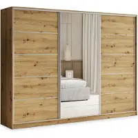 Masseno Schiebetürenschrank PINA 270/205/58 cm Kleiderschrank mit 4 Schubladen Schlafzimmer Schrank 3-türig mit Spiegel Eiche Artisan