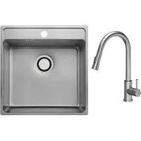VBChome Edelstahlspüle mit Armatur 49x48x21 cm Inox Leinenstruktur Einbauspüle mit Hahnloch Groß Becken Siphon Armatur Inox mit ausziehbarem Ausluf