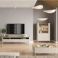 Lomadox Wohnzimmer Set in Beige mit Eiche, mit Couchtisch, 200 cm Lowboard, Vitrine inkl. Beleuchtung, 3-teilig - ELOY-141