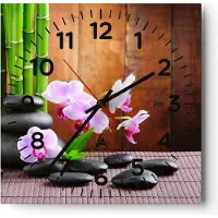 ARTTOR Wanduhr - Quadrat - Glasuhr - Bambus Dekoration Blume Orchidee - 40x40cm - Schleichendes Uhrwerk - Lautlos - zum Aufhängen bereit - Dekoration Modern - Wanddekoration aus Glas - C4AC40x40-2167
