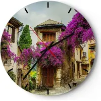 ARTTOR Wanduhr - Rund - Glasuhr - Straße Sommer Blumen - 40x40cm - Schleichendes Uhrwerk - Lautlos - zum Aufhängen bereit - Dekoration Modern - Wanddekoration aus Glas - C3AR40x40-3589