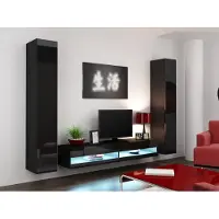 Fun-Möbel Mediawand Wohnwand 3 tlg - SENTIC 4 - Schwarz Hochglanz inkl. LED
