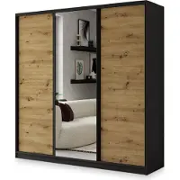 Masseno Schiebetürenschrank SORE 180/205/58 cm Kleiderschrank mit 4 Schubladen Schlafzimmer Schrank 3-türig mit Spiegel Schwarz / Eiche Artisan