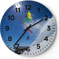 ARTTOR Wanduhr - Rund - Glasuhr - Ski Winter Schnee Berg - 30x30cm - Schleichendes Uhrwerk - Lautlos - zum Aufhängen bereit - Dekoration Modern - Wanddekoration aus Glas - C4AR30x30-2856