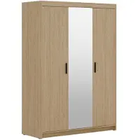 Beautysofa Drehtürenschrank ELENA 3D Eiche geölt mit schwarze Griffe - Kleiderschrank 130 cm mit Spiegel und glatten 3 Türen