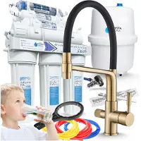 ARI 3-Wege Küchenarmatur Flexible mit RO7 Umkehrosmose Wasserfiltersystem, 7-stufige Filtration, 75 GPD Membran, herausziehbare Brause, Gold