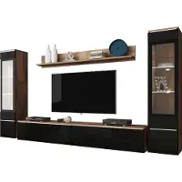 Mirjan 24 Wohnwand Vera II, Stilvoll Wohnzimmer-Set, TV-Schrank, Modern Mediawand (Wotan / Schwarz Hochglanz, mit Beleuchtung)