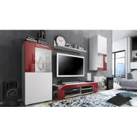 Vladon Wohnwand Movie, Anbauwand bestehend aus 1 TV-Board, 2 Vitrinen und 1 Regal, Weiß matt/Weiß matt/Bordeaux Hochglanz (Gesamt: 300 x 190 x 39 cm)