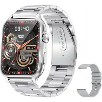Andoer KT64 1,96-Zoll-IPS-Touchscreen-Smartwatch, BT5.2 | IP67 wasserdicht | Magnetisches Laden | Intelligenter Sprachassistent | Gesundheitsüberwachung | Klarer Anruf, Edelstahlarmband, Silbergrau