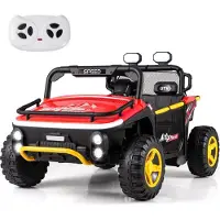 Costway Elektroauto für Kinder 2-Sitzer, 24V Kinderauto elektrisch mit Hupe, Musik, Licht, Fernbedienung, Stauraum&Ziehstab für Kinder 3+ Rot