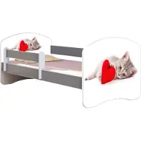 ACMA Jugendbett Kinderbett Junior-Bett Komplett-Set mit Matratze Lattenrost und Rausfallschutz Grau 40 Katze mit Herz 160x80