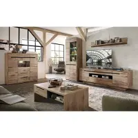 Lomadox Wohnzimmer Komplett Set mit Couchtisch und Beleuchtung BURNHAM-36 in Eiche Nb. mit graphit