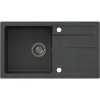 VBChome Spülbecken 77 x 44 cm Schwarz Granit Einzelbecken Spüle Küchenspüle Einbauspüle Abtroffläche Gesprenkelt Reversibel Verbundspüle Siphon Spülmittelspender