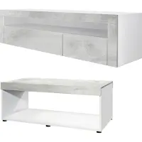 Vladon Wohnzimmer-Set Berlin, bestehend aus 1 TV-Board mit 1 offenem Fach und 2 Klappen und 1 Couchtisch, Weiß matt/Beton Oxid Optik