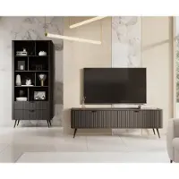 Meble Laski LANTE Schwarzes Wohnzimmermöbel-Set – 2-teilig, gerillte Fronten, Regal + TV-Schrank 163 cm