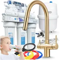 ARI Wasserfilter Set RO7 mit 3-Wege Küchenarmatur Slender, 7-stufige Umkehrosmose, Mineralisierung, Gold