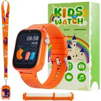Ele eleoption 4G Kinder Smartwatch mit GPS, Telefon & Videoanruf, SOS, Kamera, Nachrichten, Schrittzähler und Schulmodus – Armbanduhr für Jungen und Mädchen (Orange)