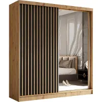 Masseno Schiebetürenschrank LAMELLO 200 cm Kleiderschrank Schlafzimmer Schrank 2-türig mit Spiegel und Lamellen Eiche Artisan