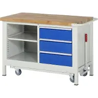 RAU Mobile absenkbare Werkbank, 2 Ablageböden, 3 Schubladen - Vollauszug - 180:3 - 880 x 1.250 x 700 mm (HxBxT) - Traglast 1.250 kg - Buche