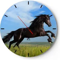 ARTTOR Wanduhr - Rund - Glasuhr - Schwarzes Pferd Pferd Galopp - 30x30cm - Schleichendes Uhrwerk - Lautlos - zum Aufhängen bereit - Dekoration Modern - Wanddekoration aus Glas - C3AR30x30-0495
