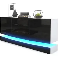 Vladon Sideboard City, Germany, Weiß matt/Schwarz Hochglanz inkl. LED - Moderne Kommode für Ihr Wohnbereich (178 x 72 x 38 cm)