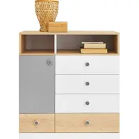 Masseno Kommode BRERA 85 cm Sideboard mit 5 Schubladen und 1 Türen für Wohnzimmer Schlafzimmer Modern 85x40x90 cm Eichefarben / Weiß
