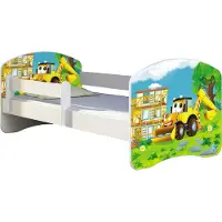 ACMA Jugendbett Kinderbett Junior-Bett Komplett-Set mit Matratze Lattenrost und Rausfallschutz Weiß 20 Bagger 180x80