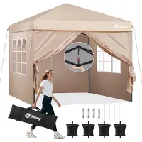 Sekey Faltpavillon 3x3 mit 4 Seitenwänden und mit 4 Sandsäcke, Wasserdicht Pop Up Pavillon für Camping, Festival, Events, Picknicks, Taupe