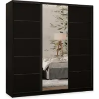 Masseno Schiebetürenschrank PINA 180/205/58 cm Kleiderschrank mit 4 Schubladen Schlafzimmer Schrank 3-türig mit Spiegel Schwarz