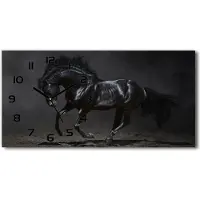 Tulup Wanduhr aus Glas – 60x30 cm - Glasbild - Glasuhr - Gehärtetes Glas - schwarze-zeiger - Schwarzes Pferd