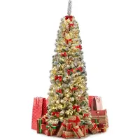 Goplus 184 cm Künstlich Weihnachtsbaum mit LED-Beleuchtung, Christbaum mit Schnee, mit Metallständer, Schnelle Montage, Wiederverwendbar