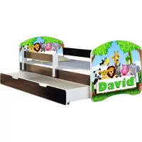ACMA Jugendbett Kinderbett Junior-Bett Komplett-Set mit Matratze Lattenrost und Rausfallschutz Wenge 01 Zoo Name 160x80 + Bettkasten