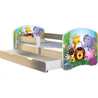 ACMA Jugendbett Kinderbett Junior-Bett Komplett-Set mit Matratze Lattenrost und Rausfallschutz Sonoma 01 Zoo 140x70 + Bettkasten