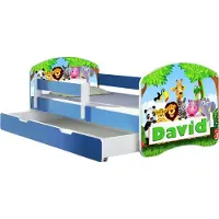 ACMA Jugendbett Kinderbett Junior-Bett Komplett-Set mit Matratze Lattenrost und Rausfallschutz Blau 01 Zoo Name 180x80 + Bettkasten