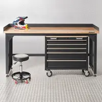 Datona Werkbank mit Arbeitsplatte aus Bambus - 200 cm und Werkzeugwagen mit 5 Schubladen